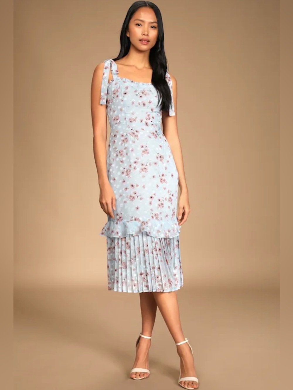 Lulu's Pale Blue Floral Tie-Shoulder Midi Dress
